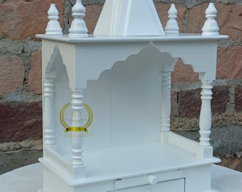 Handcrafted White Wooden Temple Mandir: Pooja Ghar with Drawer & Shelf