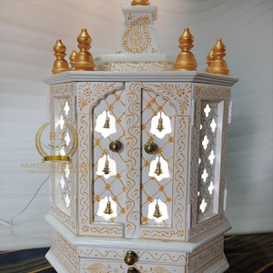 wooden temple white + Gold for home handcrafted pooja mandir Beautiful hanging brass bells Pooja Ghar Mandap For Worship Home Decor Art