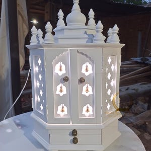 wooden temple white Finished for home handcrafted pooja mandir Beautiful hanging brass bells Pooja Ghar Mandap For Worship Home Decor Art