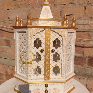wooden temple white + Gold for home handcrafted pooja mandir Beautiful hanging brass bells Pooja Ghar Mandap For Worship Home Decor Art