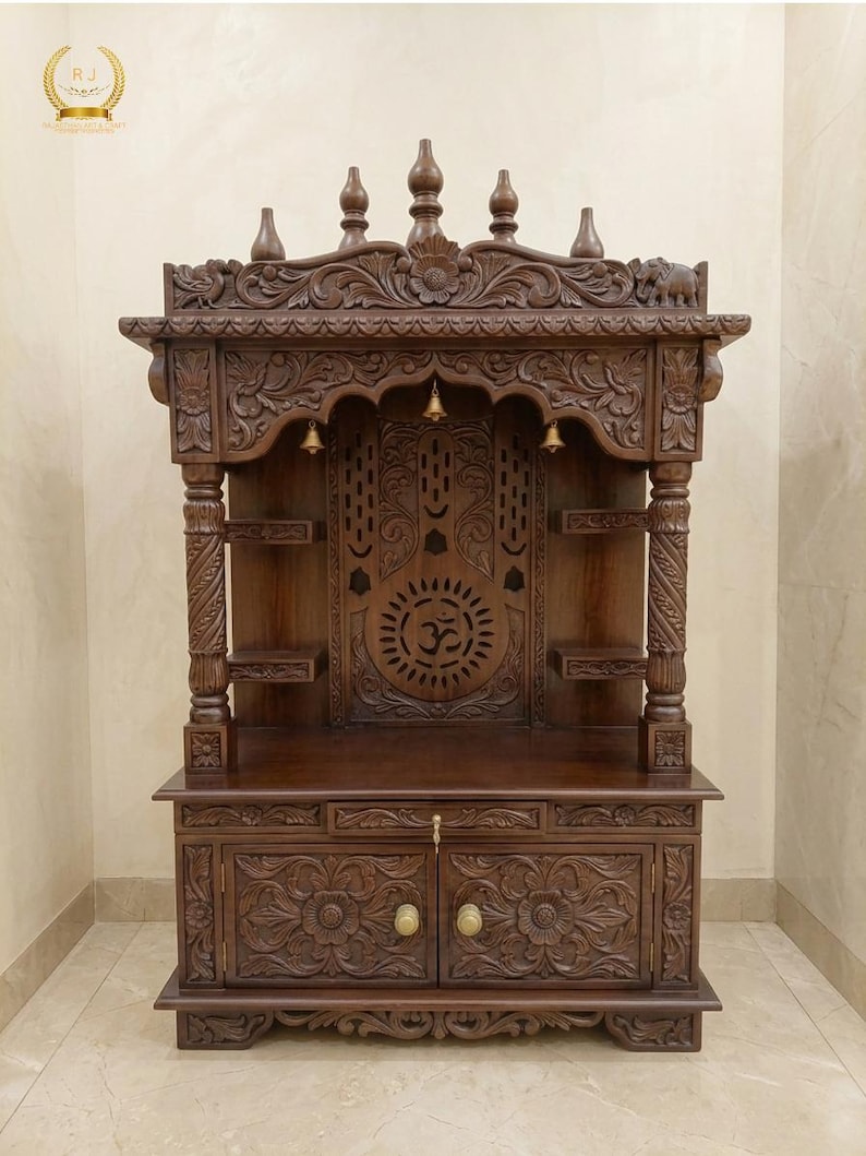 Handcrafted Walnut Finish Wooden Temple, Large Pooja Cabinet With ...