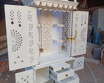 Handgefertigter Holzstempel für Zuhause - Großer Hindu Pooja Mandir mit Aufbewahrungsschublade & LED-Lichtern