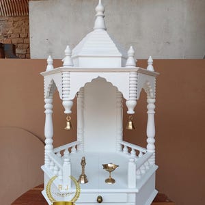 Wooden Temple for Home Pooja Mandir Handcrafted Pooja Mandir Beautiful Hanging Bells with White Finished Temple with One Drawer One Shelf