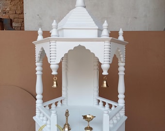 Handcrafted Wooden Pooja Mandir: Marble Look Temple with Bells