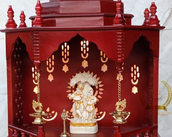 Handcrafted Dark Red Wooden Pooja Mandir Temple - Indian Home Decor