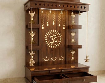 Handcrafted Mango Wood Hindu Temple, Dark Brown Pooja Mandir with LED Om Symbol, Drawers