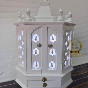 wooden temple white Finished for home handcrafted pooja mandir Beautiful hanging brass bells Pooja Ghar Mandap For Worship Home Decor Art