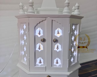 White Wooden Pooja Mandir with Brass Bells: Indian Temple for Home Decor