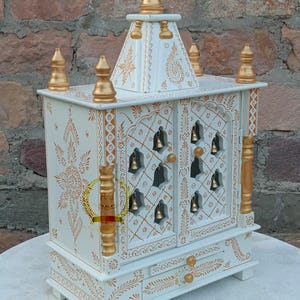 Wooden Temple Mandir White + Gold Finished Handcrafted mandir Pooja Ghar Mandap for Worship Home Decor Pooja Mandir with Hanging Brass Bells