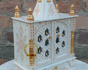 Handcrafted Wooden Temple Mandir: White & Gold Pooja Ghar with Brass Bells