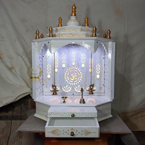 wooden temple white + Gold for home handcrafted pooja mandir Beautiful hanging brass bells Pooja Ghar Mandap For Worship Home Decor Art