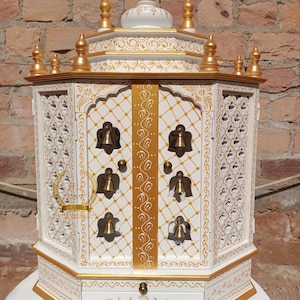 wooden temple white + Gold for home handcrafted pooja mandir Beautiful hanging brass bells Pooja Ghar Mandap For Worship Home Decor Art
