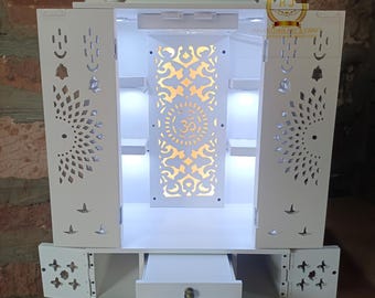 Handmade White Wooden Mandir: Pooja Ghar Home Temple with LED, Drawer & Shelf