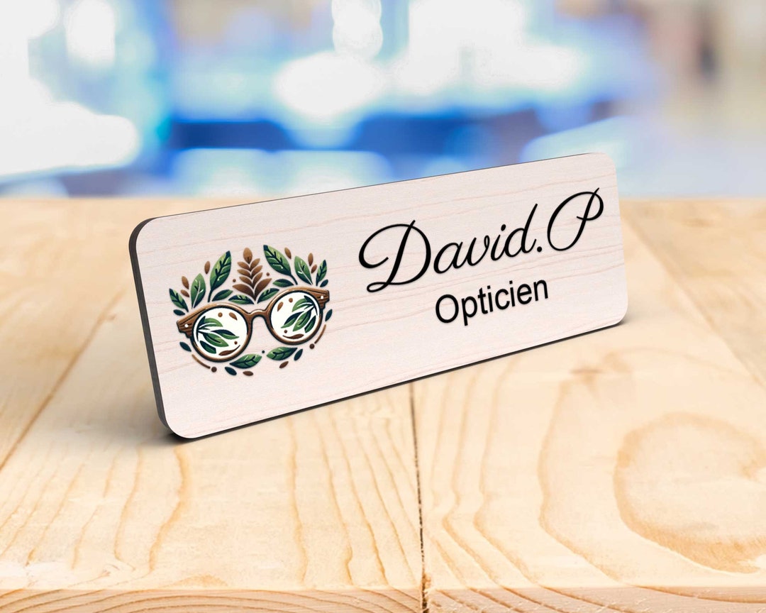 Personalized Professional Wooden and Color Badge for Optician, Eyeglass