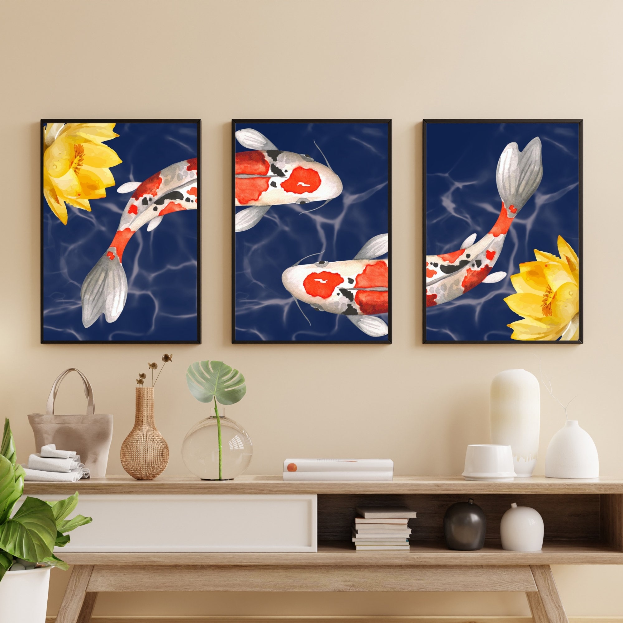 Japanese Koi Fish Wall Art | Set of 3 Japanese Prints | Tryptic Wall ...