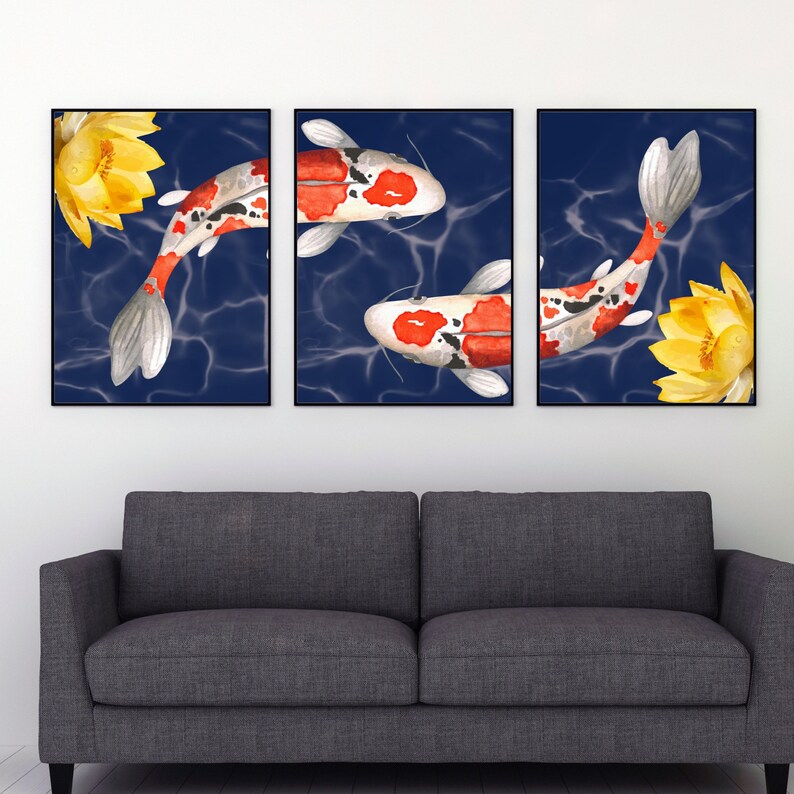 Japanese Koi Fish Wall Art | Set of 3 Japanese Prints | Tryptic Wall ...