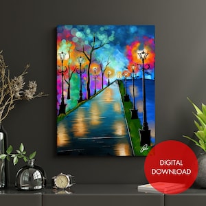 Colourful Street Lights Digital Wall Art | City Night Street Lights Digital Artwork | Printable Wall Art