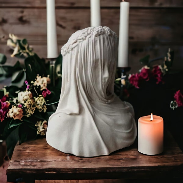 Bust statue decoration gothic cottage marble virgin face veiled woman cabinet curiosities witch taxidermy boho under ouija bell