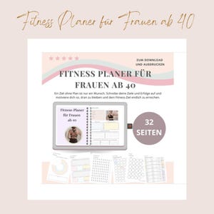 Könnte beinhalten: Ein Fitnessplaner für Frauen ab 40 mit dem Text "Fitness Planer für Frauen ab 40". Der Planer enthält Abschnitte zur Zielsetzung und Fortschrittsverfolgung. Das Bild zeigt auch eine Seitenzahl von 32 Seiten.