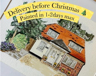 May include: A watercolour painting of a two-storey house with a red roof, white walls, and brick accents, surrounded by green trees and purple flowers. A yellow banner across the top reads: Delivery before Christmas, Painted in 1-2days max.