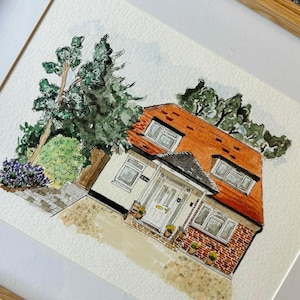 Handgemaakte aangepaste aquarel huisschildering ingelijst, geen digitale kunst, gepersonaliseerd eerste huisportret, favoriete winkel / spotschilderij.