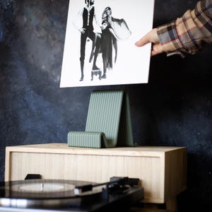 Vinyl Record Stand, Freestanding LP Display, &quot;FLUX Olive&quot; Desk Vinyl Record Stand, Minimalist Standalone Vinyl Record Holder
