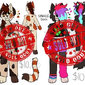 May include: Digital character reference sheet featuring an alternative cat with brown and cream patches and a sparkle dog with black, pink, and blue fur. Both characters are shown from front and back views with a red SOLD OUT stamp overlay.