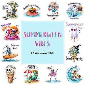 Summerween Vibes, skeleton, zombie, mummy, witch, ghost, icream, surf, pumpkins – Watercolor PNG Bundle | 12 Cute Halloween-Inspired Summer