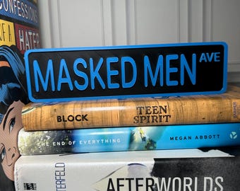 Masked Men Ave Bookshelf Street Sign — 3D Printed Book Nook and Shelf Decor for Readers