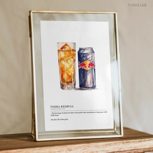 May include: A watercolor painting of a glass of vodka and a can of Red Bull. The text below the image reads "Vodka Redbull - The beverage of choice for those who prefer their heartbeats to keep pace with EDM beats. See also: life of the party."