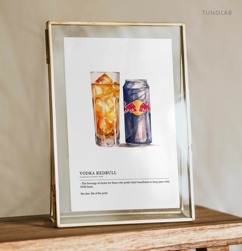 May include: A watercolor painting of a glass of vodka and a can of Red Bull. The text below the image reads "Vodka Redbull - The beverage of choice for those who prefer their heartbeats to keep pace with EDM beats. See also: life of the party."