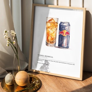 May include: A watercolor illustration of a glass of vodka and a can of Red Bull, with the text "VODKA REDBULL" and "The beverage of choice for those who prefer their heartbeats to keep pace with EDM beats. See also: life of the party."