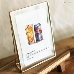 May include: A watercolor illustration of a glass of vodka and a can of Red Bull, with the text "VODKA REDBULL" and "The beverage of choice for those who prefer their heartbeats to keep pace with the 5:00 AM beats. See also: life of the party."