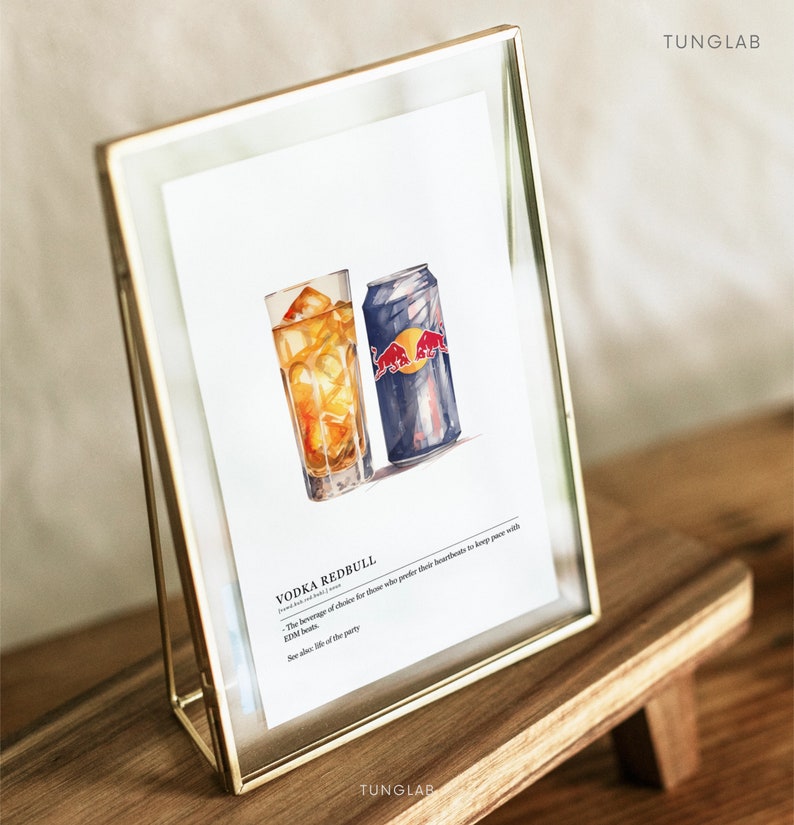 May include: A watercolor illustration of a glass of vodka and a can of Red Bull, with the text "VODKA REDBULL" and "The beverage of choice for those who prefer their heartbeats to keep pace with the 5:00 AM beats. See also: life of the party."