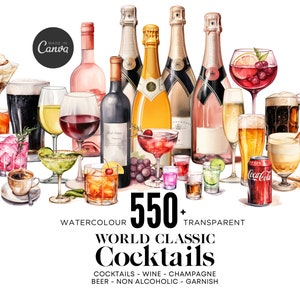 550+ dipinti a mano dell'acquerello IBA cocktail bevande arte clipart, vino e champagne, bottiglia di birra alcol guarnisce bundle modelli di menu bar