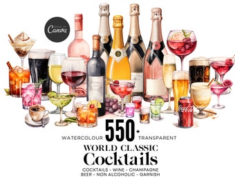 May include: A watercolor illustration of 550+ world classic cocktails, wine, champagne, beer, non-alcoholic drinks, and garnishes. The illustration features a variety of glasses, bottles, and other drinkware.