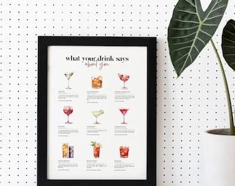 May include: A black framed print with the title "what your drink says about you" and illustrations of different cocktails with descriptions of what each drink says about the person who orders it.