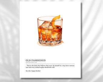 May include: A watercolor illustration of an Old Fashioned cocktail in a rocks glass with ice and an orange peel garnish. The text "OLD FASHIONED" is written in black below the image, followed by the phonetic spelling "ohld.fash-uhnd.asus" and a description of the drink: "They're the kind who believes that every sip should be a trip down memory lane and every cocktail napkin should tell a tale." The text "See also: happy drunker" is written below the description. The word "TUNGLAB" is written in black at the bottom of the image.