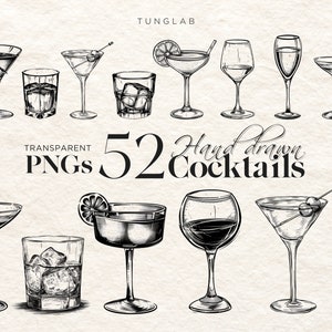 Plus de 50 croquis dessinés à la main cocktails boissons Art Illustrations Clipart, vin Martini alcool signature boisson signe Clip Art Bundle PNG Transparent