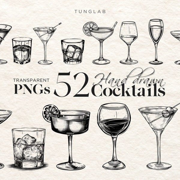 50+ Hand Drawn Sketch Cocktails Drinks Art Illustrations Clipart, Wine Martini Alcohol Signature Drink Sign Clip Art Bundle Transparent PNG