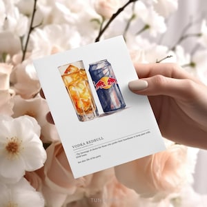May include: A watercolor illustration of a glass of vodka and a can of Red Bull. The text reads "Vodka Redbull - The beverage of choice for those who prefer their heartbeats to keep pace with EDM beats. See also: life of the party."