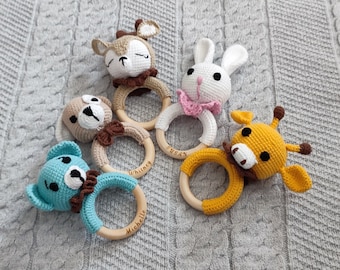Personalized Amigurumi Animal Crochet Rattle, Baby Shower Rattle Gift, %100 hand-knitted newborn Gift,