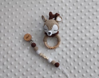 Personalized Animal Crochet Deer Rattle and Pacifier Holder, Baby Shower Rattle Gift, hand-knitted newborn Gift Personalized Pacifier Holder