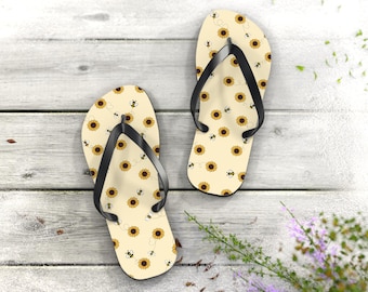 Sunflower & Bee Pattern Flip Flops | Vintage Summer Cream Suede-Feel