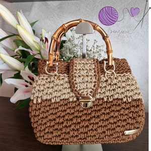 100% Handmade black crochet bag / Elegant bag with bamboo handle / Premium hand-woven bag / Lined bag / Gifts For Her