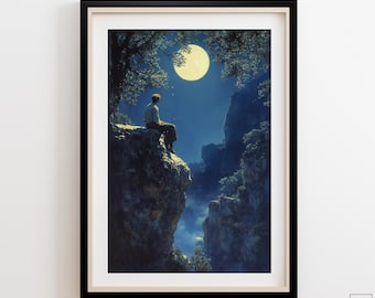Maxfield Parrish Style Moonlit Landscape Oil Painting Print – Dreamy Cliffside Wall Art, 210gsm Satin Paper for Vintage Home Decor