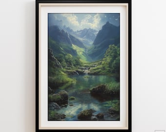 Isle of Skye Scotland Oil Painting Print – Highland Mountain Landscape Wall Art, 210gsm Satin Paper for Rustic Home Decor