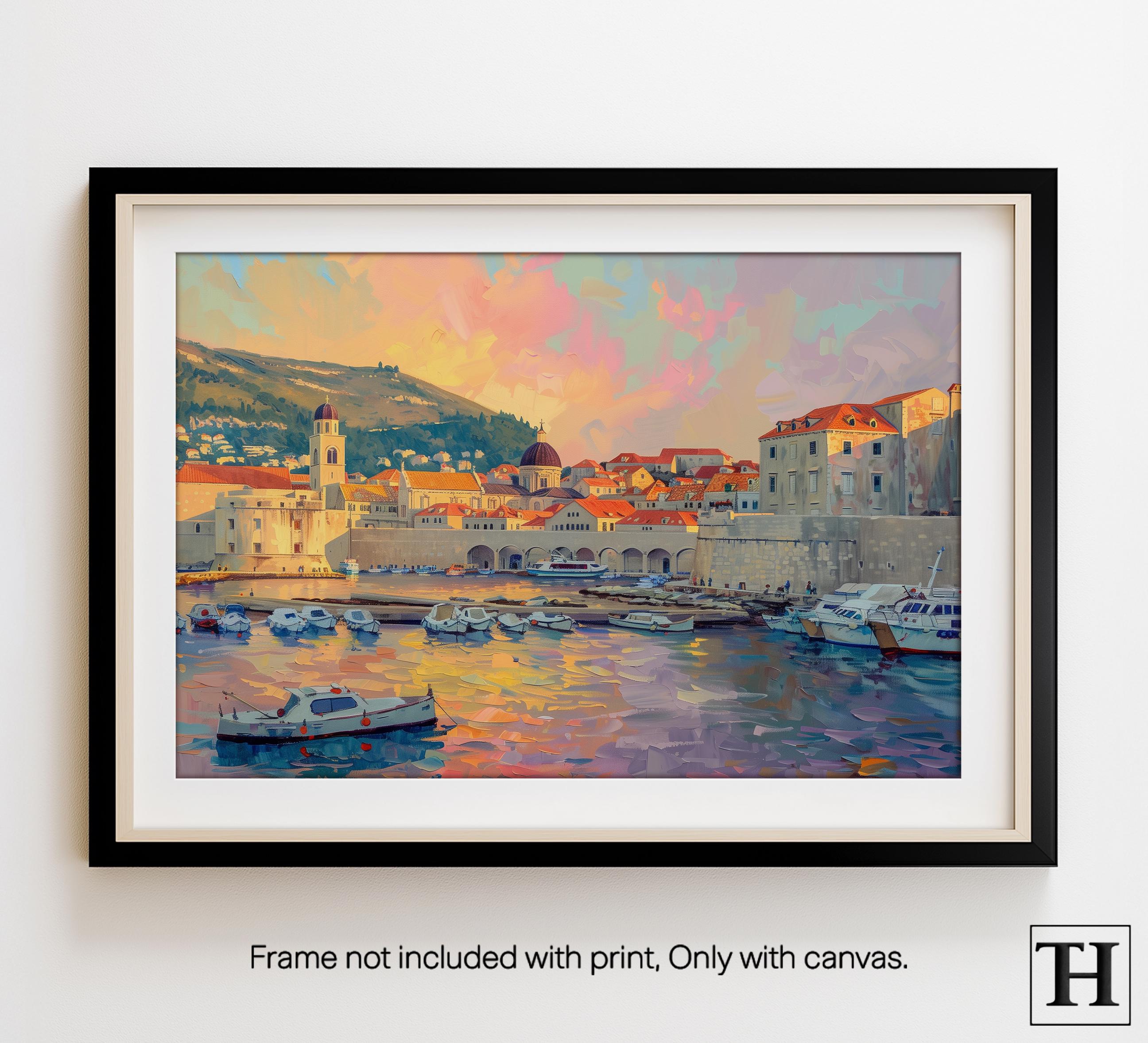 Dubrovnik Croatia Oil Painting Print – Sunset Harbor Cityscape Wall Art, 210gsm Satin or Framed Canvas for Coastal Travel Decor