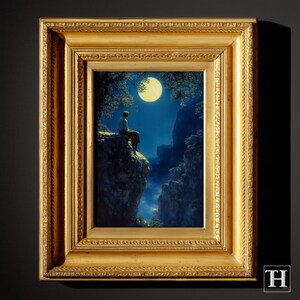 May include: A framed painting depicts a person seated on a cliff, gazing at a full moon in a dark blue sky. The artwork is enclosed in a gold-colored, ornate frame, adding a touch of elegance to the scene.