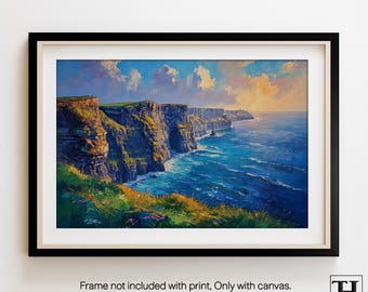 Cliffs of Moher Ireland Oil Painting Print, Vintage Coastal Landscape Wall Art for Nature Lovers, 210gsm Satin or Framed Canvas